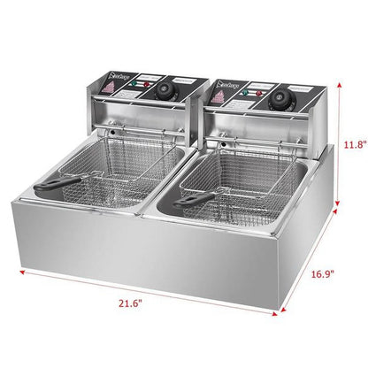 Freidora eléctrica de sobremesa con doble tanque de acero inoxidable - Gran capacidad - Electrodoméstico de sobremesa - Freidora industrial con tanque grande para papas fritas (12.7 cuartos/12 L, 5000 W)