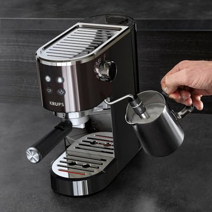 Krups Virtuoso Essential - Cafetera espresso 15 bar, acero inox negro, diseño compacto y elegante, parada automática, espresso y cappuccino, Thermoblock, boquilla de vapor, incluye cuchara, XP4418