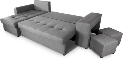 NAWSTOL - Sofa narożna Leon z funkcją spania i skrzynią na pościel – nowoczesna sofa do salonu – możliwość montażu z lewej lub prawej strony (szara + biała sztuczna skóra)