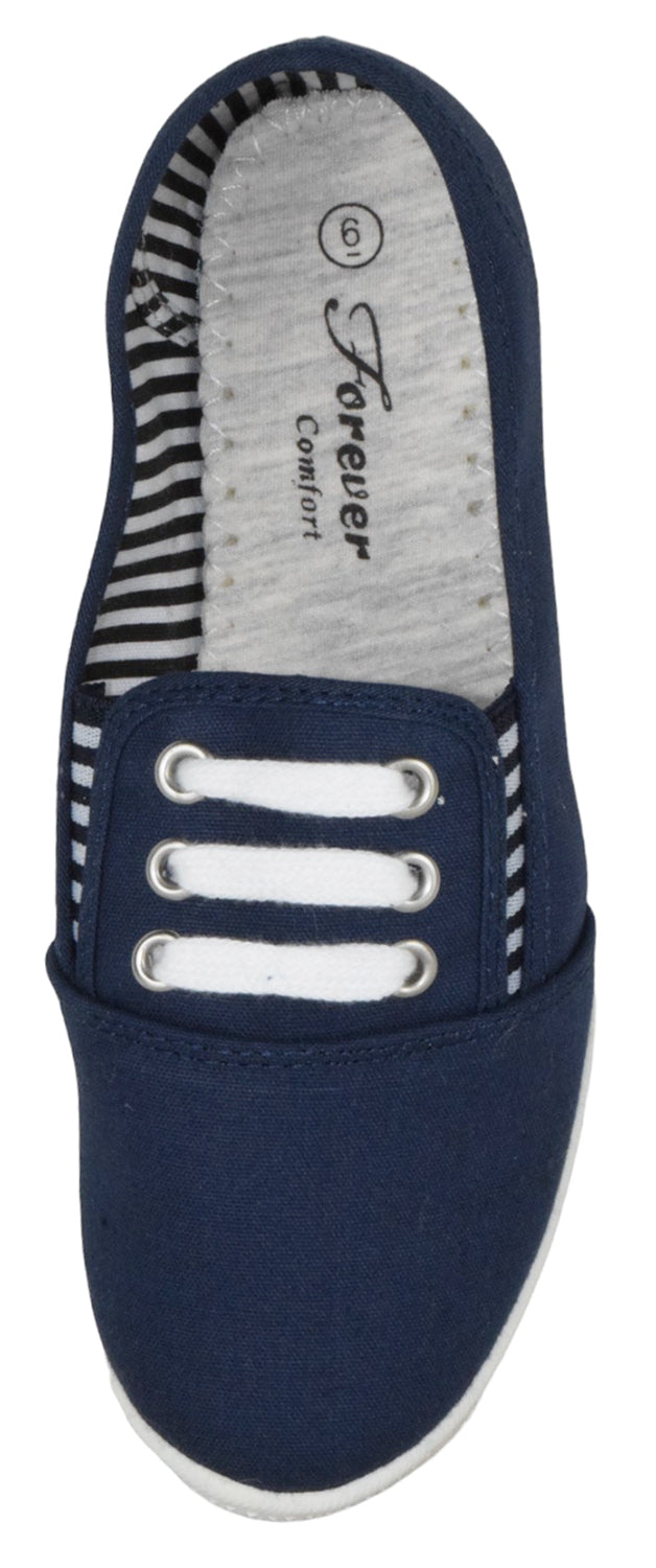Navy blue slip-on shoe with white laces on a white background