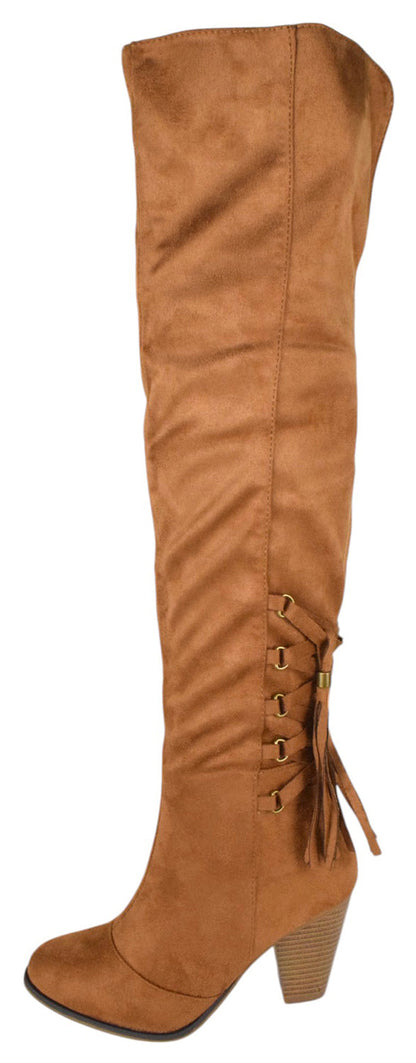 Forever CAMILA-57 Tan Suede Women Thigh High Boots Block Heel Over-the-Knee Boots Side Zipper Lace Tassel Accent-1