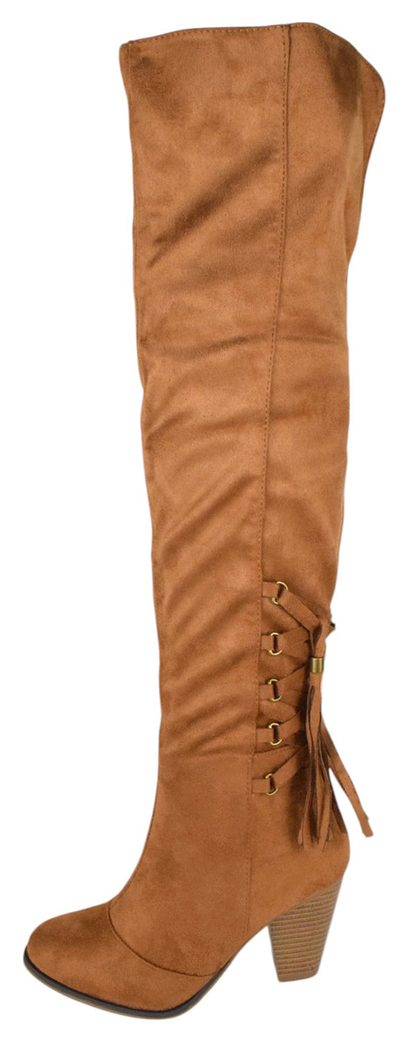 Forever CAMILA-57 Tan Suede Women Thigh High Boots Block Heel Over-the-Knee Boots Side Zipper Lace Tassel Accent-1