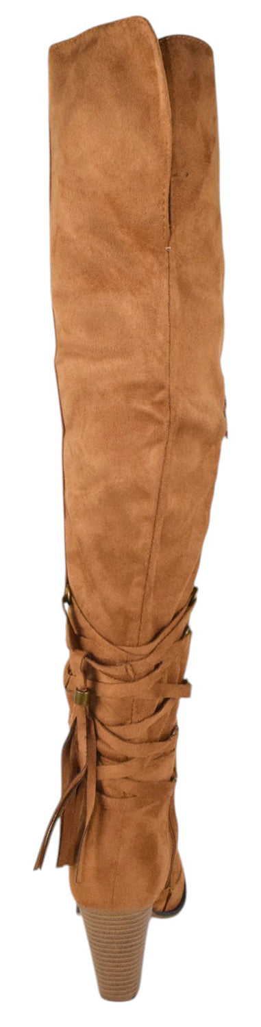 Forever CAMILA-57 Tan Suede Women Thigh High Boots Block Heel Over-the-Knee Boots Side Zipper Lace Tassel Accent-3