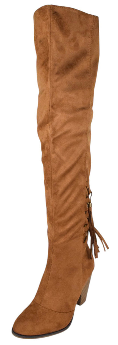 Forever CAMILA-57 Tan Suede Women Thigh High Boots Block Heel Over-the-Knee Boots Side Zipper Lace Tassel Accent-0