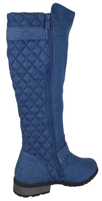 Forever MANGO-21 Blue Denim Women Knee High Boots Small Block Heel Side Zipper Buckled Quilted Stitch Fashion Boots-2