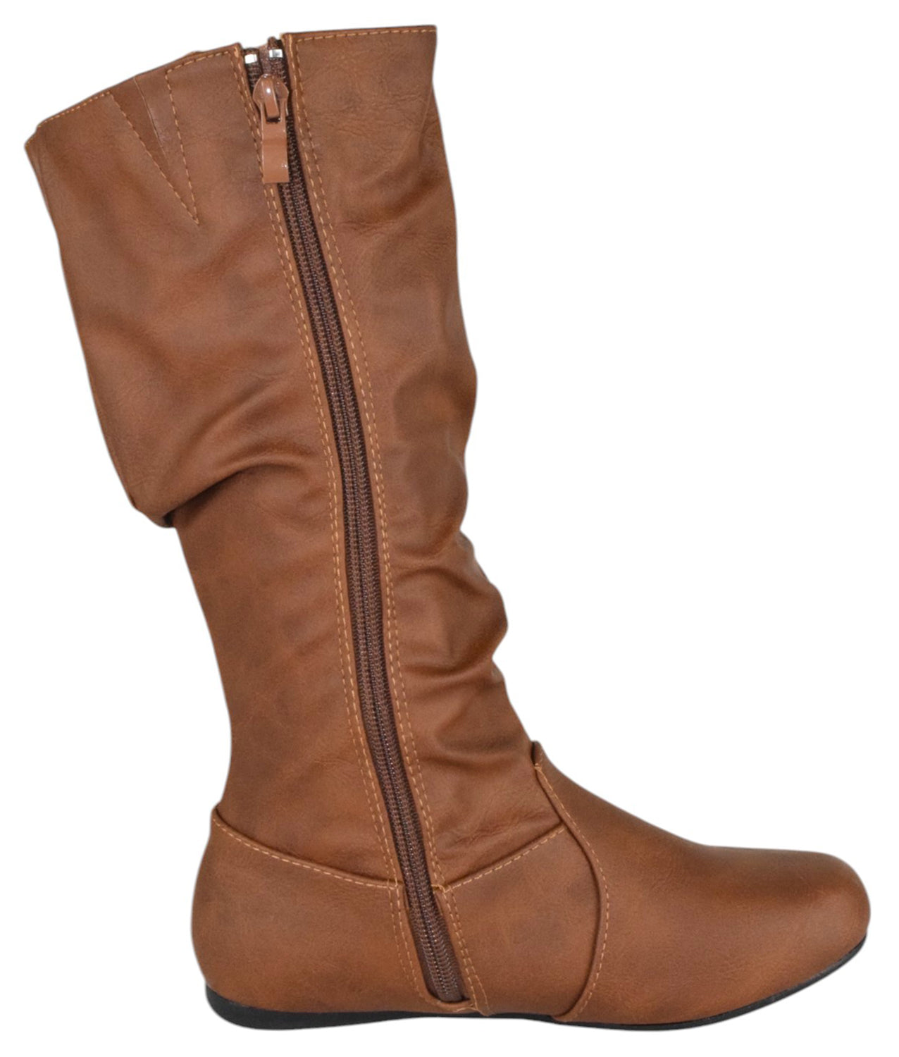 Forever SELENA-24 Tan Women Slouchy Mid-Calf Boots Flat Heel Side Zipper Lightweight Casual Fashion Boots-2