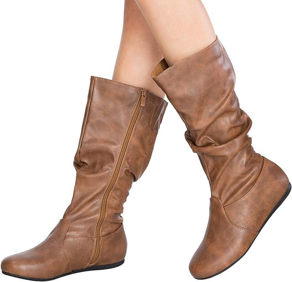 Forever SELENA-24 Tan Women Slouchy Mid-Calf Boots Flat Heel Side Zipper Lightweight Casual Fashion Boots-3