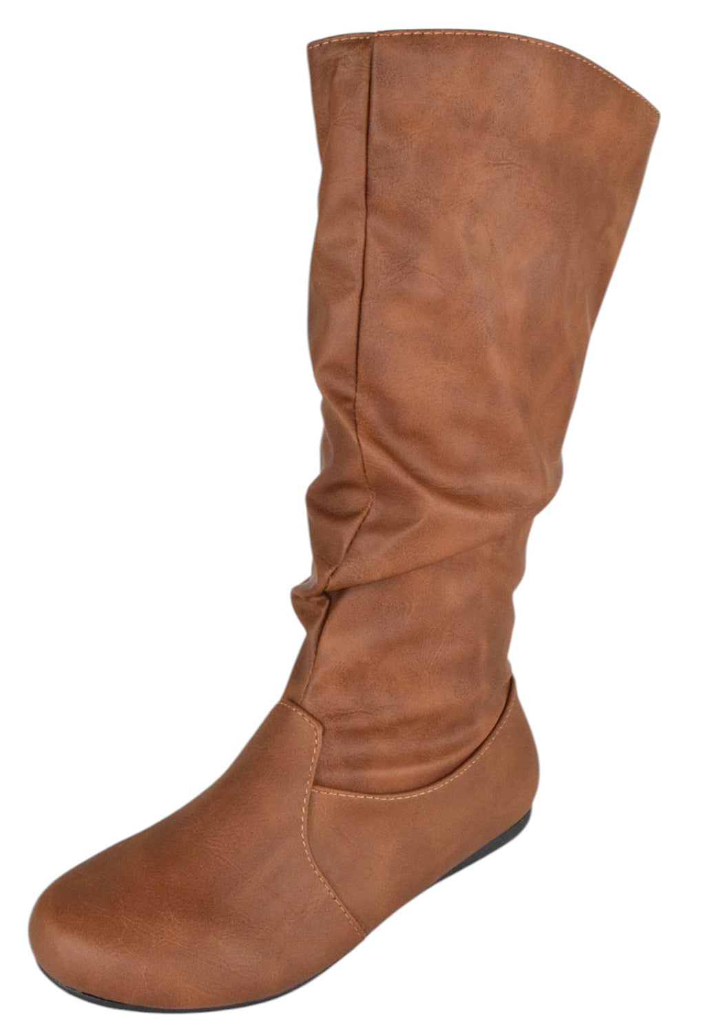Forever SELENA-24 Tan Women Slouchy Mid-Calf Boots Flat Heel Side Zipper Lightweight Casual Fashion Boots-0