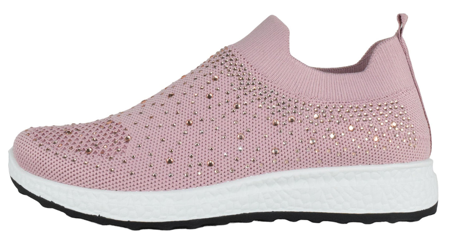 Pink slip-on sneaker with rhinestone details on a white background