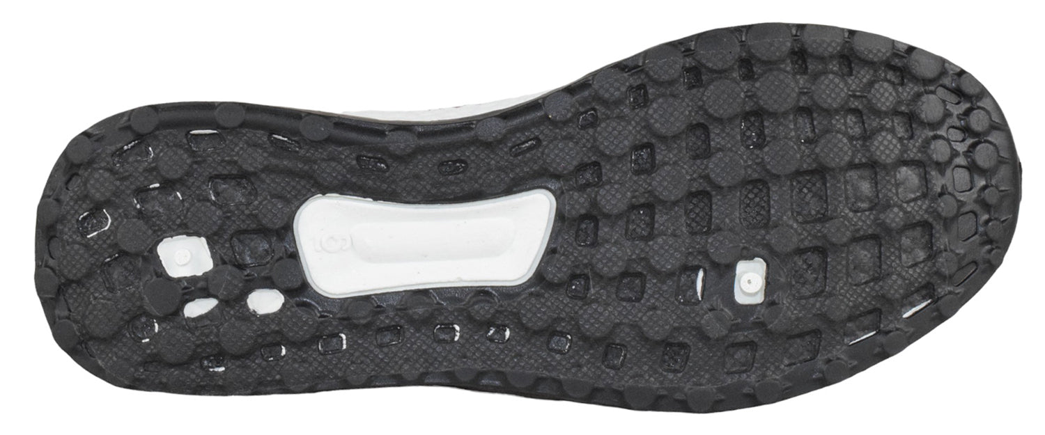 Black sole of a shoe with a white logo on a white background