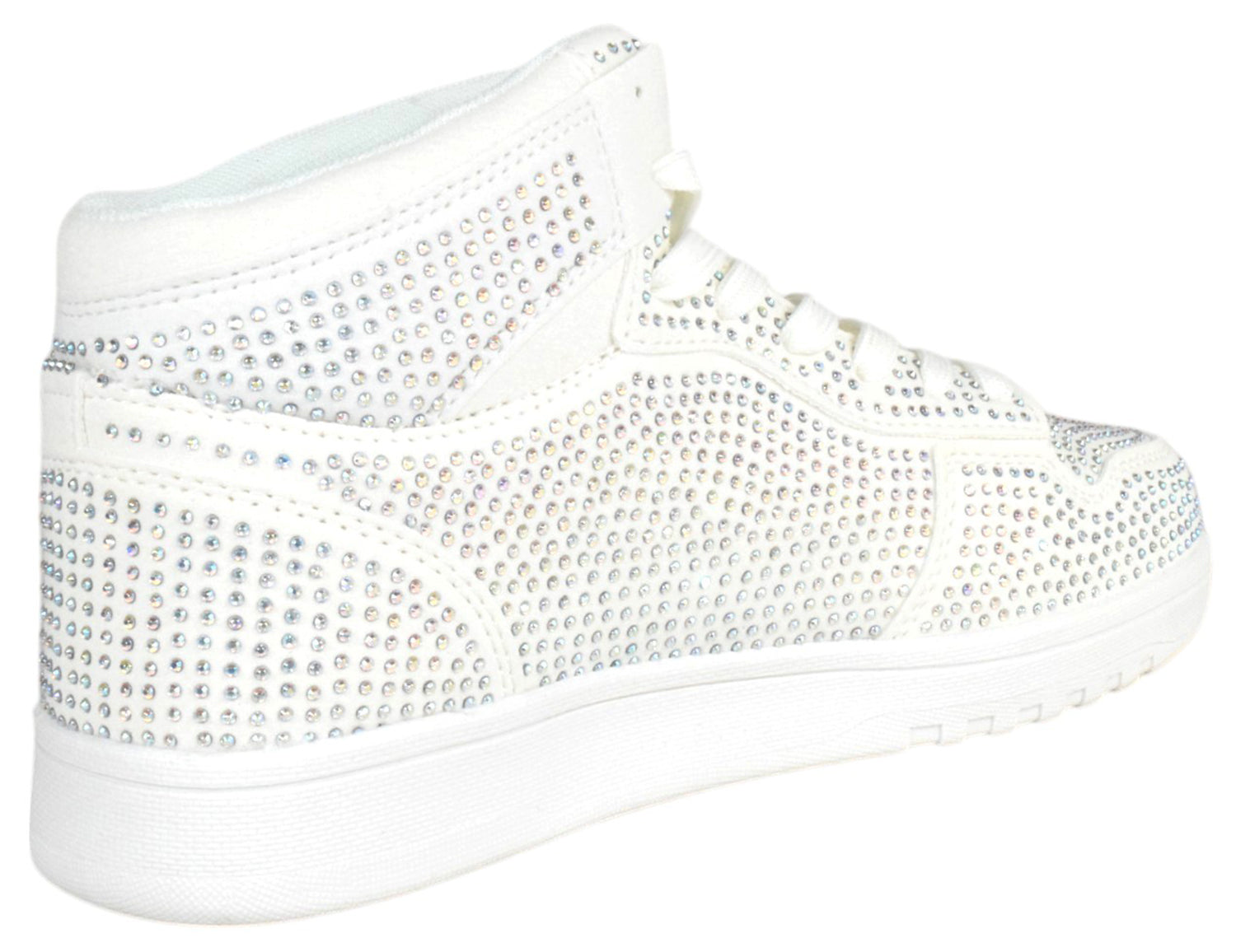 White sneaker with rhinestone embellishments on a white background