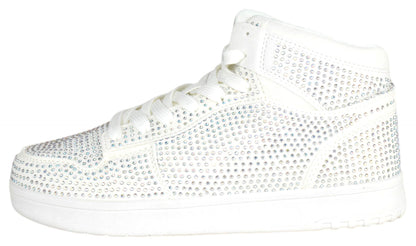 White high-top sneaker with rhinestone embellishments on a white background