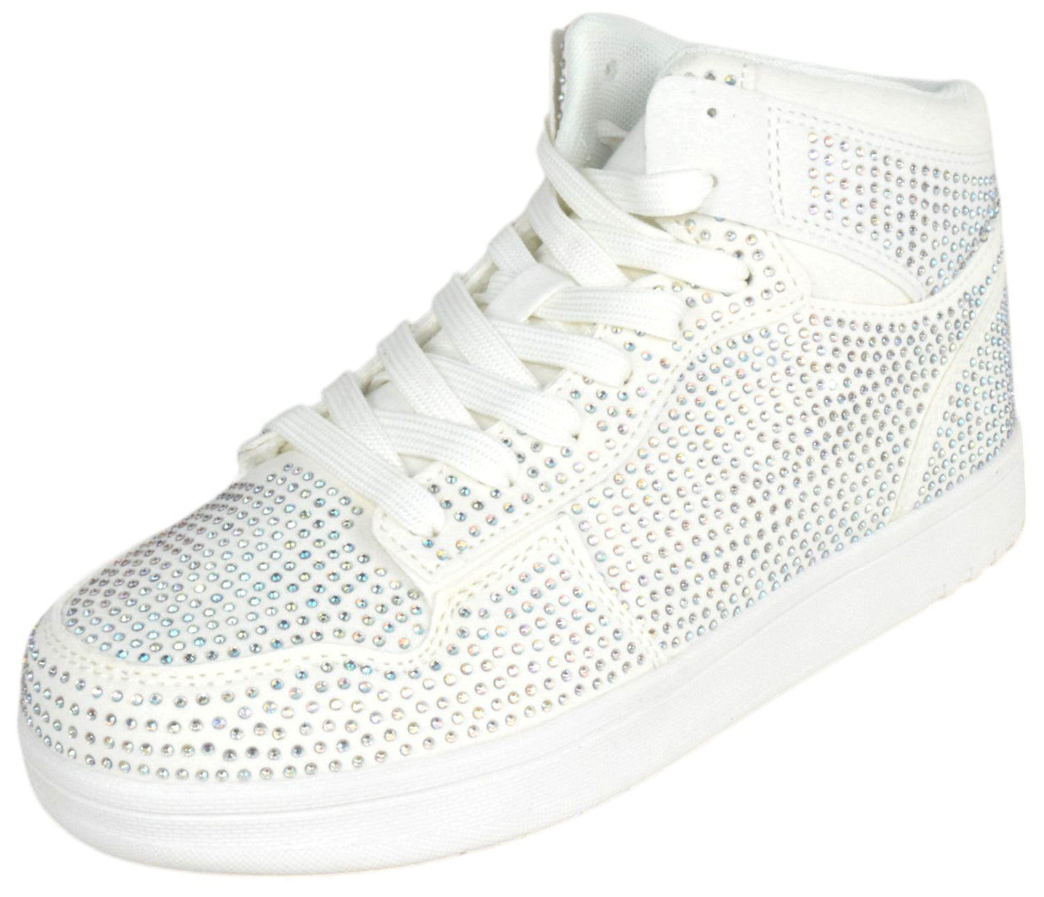 White sneaker with rhinestone embellishments on a white background