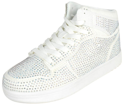 White sneaker with rhinestone embellishments on a white background