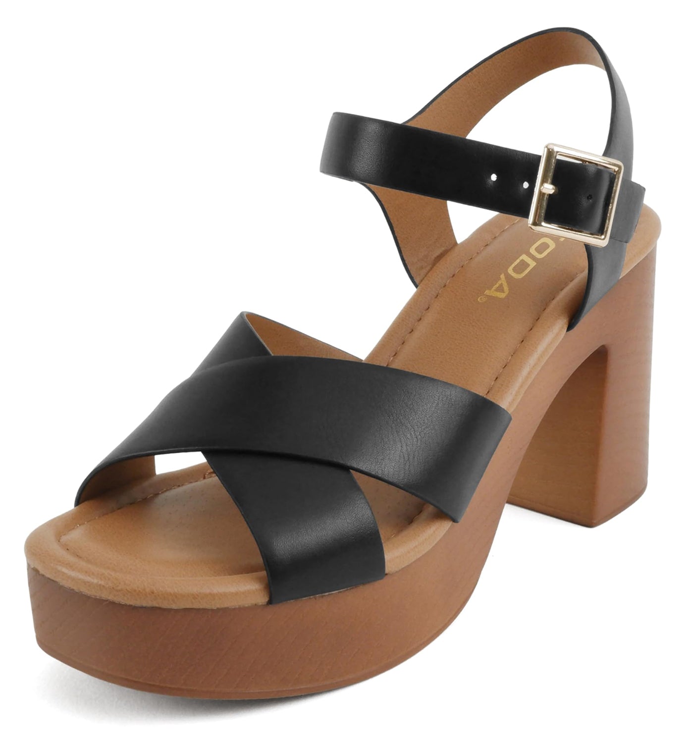 Soda BONNET-S Black Women Platform Heeled Sandals Open Toe Criss-Cross Strap Ankle Buckle Chunky Block Heel - Accent Foot Fashions
