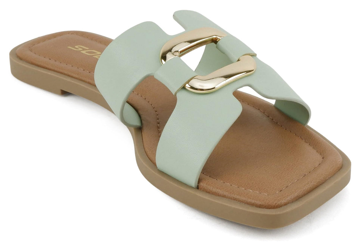 Soda FENG-S Mint Women Slide Sandals H-Band Square Toe Flat Slip-On Sandals with Gold Buckle - Accent Foot Fashions