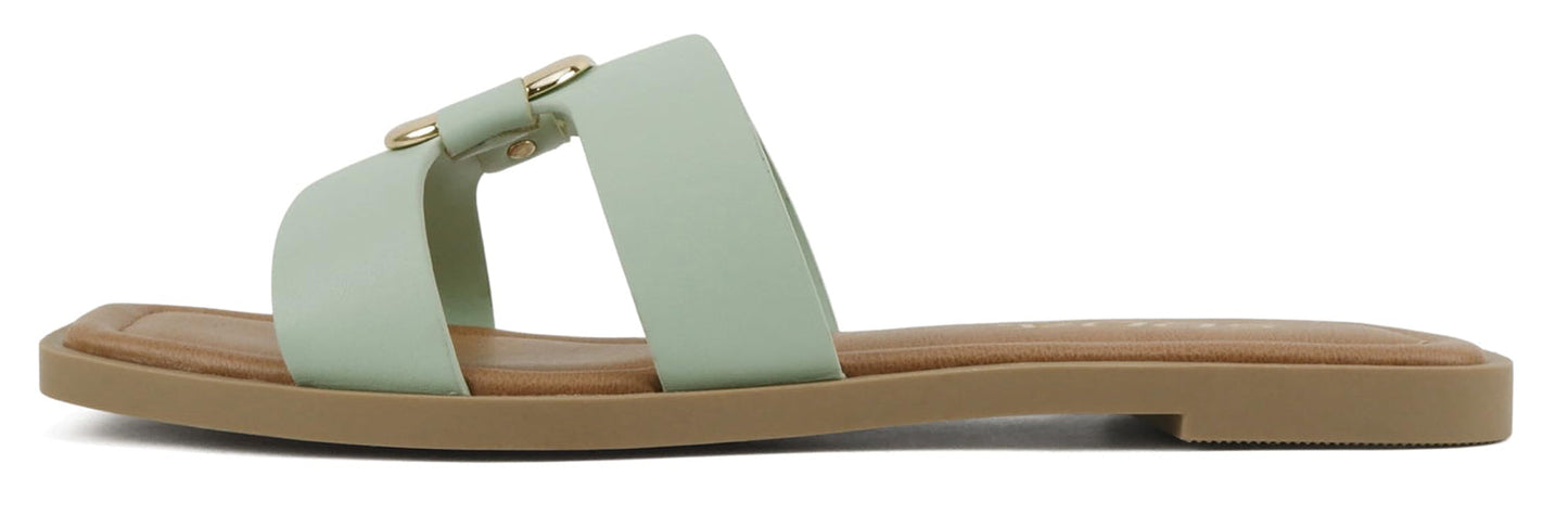 Soda FENG-S Mint Women Slide Sandals H-Band Square Toe Flat Slip-On Sandals with Gold Buckle - Accent Foot Fashions