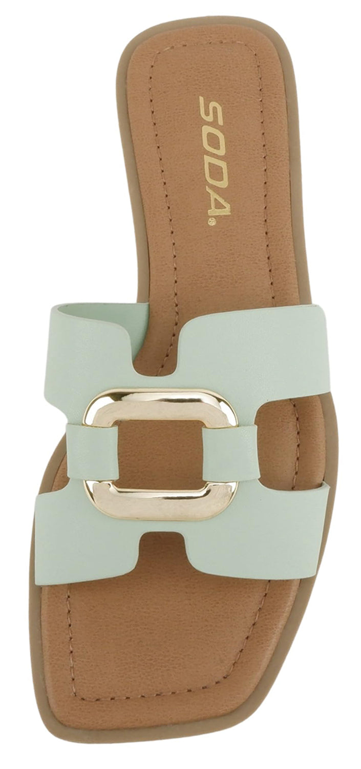Soda FENG-S Mint Women Slide Sandals H-Band Square Toe Flat Slip-On Sandals with Gold Buckle - Accent Foot Fashions