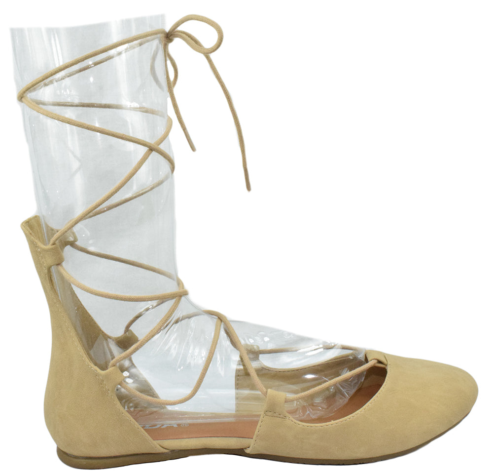 Soda HARVEST-S Beige Suede Women Ballet Flats Lace-Up Ankle Tie Gladiator Style Round Toe Casual Dress Shoes-4