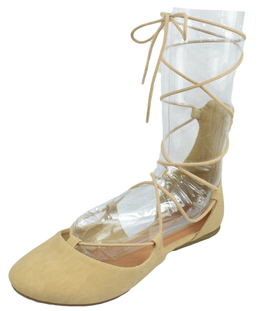 Soda HARVEST-S Beige Suede Women Ballet Flats Lace-Up Ankle Tie Gladiator Style Round Toe Casual Dress Shoes-3