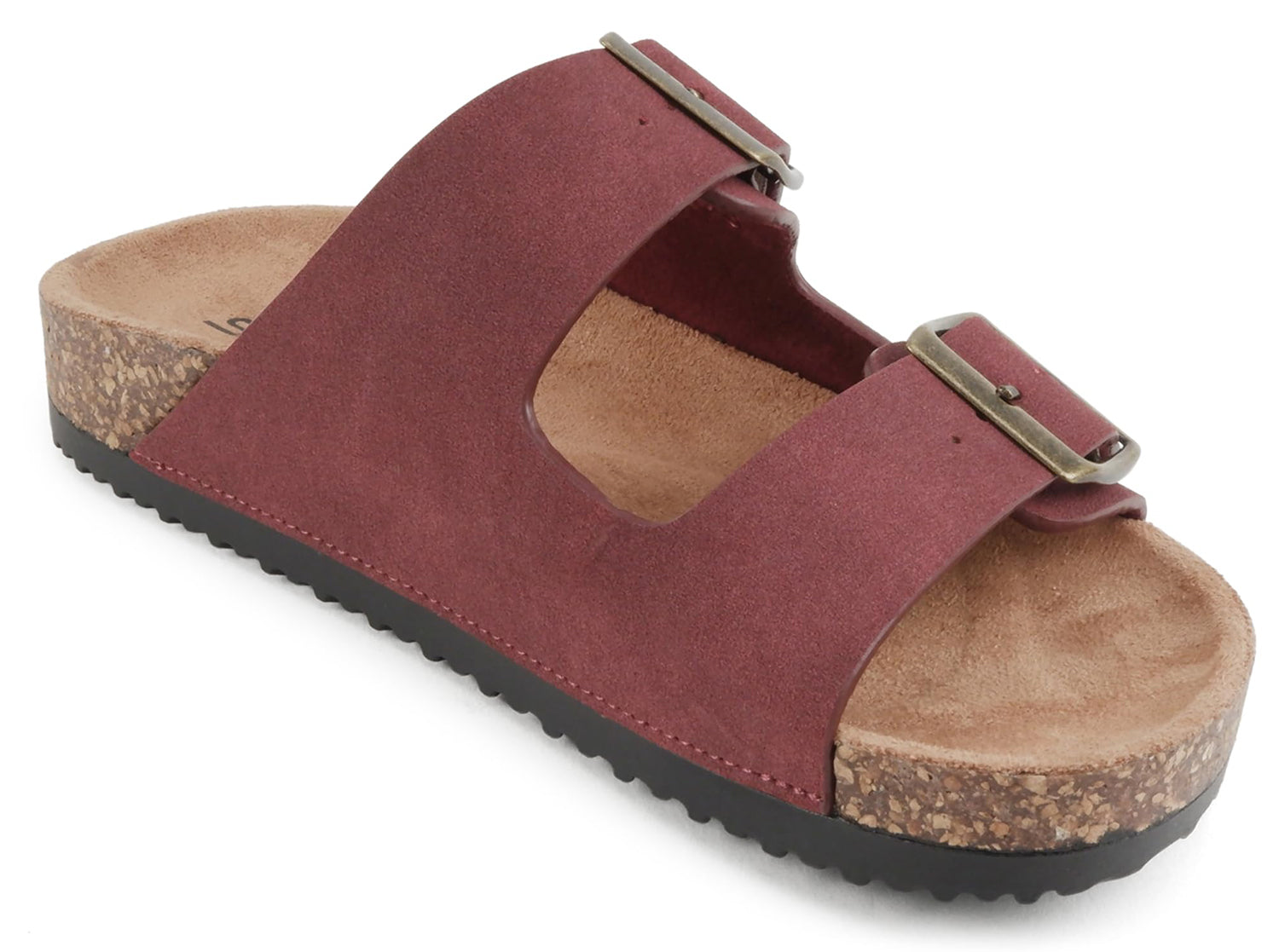 Soda JETE-S Burgundy Women Slide Sandals Double Buckle Adjustable Cork Footbed Lightweight Comfort Flats - Accent Foot Fashions