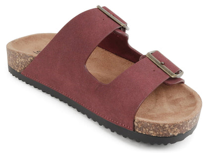 Soda JETE-S Burgundy Women Slide Sandals Double Buckle Adjustable Cork Footbed Lightweight Comfort Flats - Accent Foot Fashions