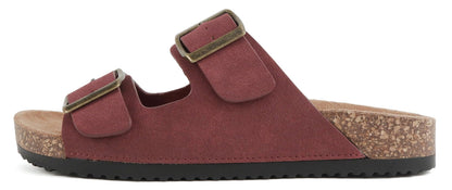 Soda JETE-S Burgundy Women Slide Sandals Double Buckle Adjustable Cork Footbed Lightweight Comfort Flats - Accent Foot Fashions