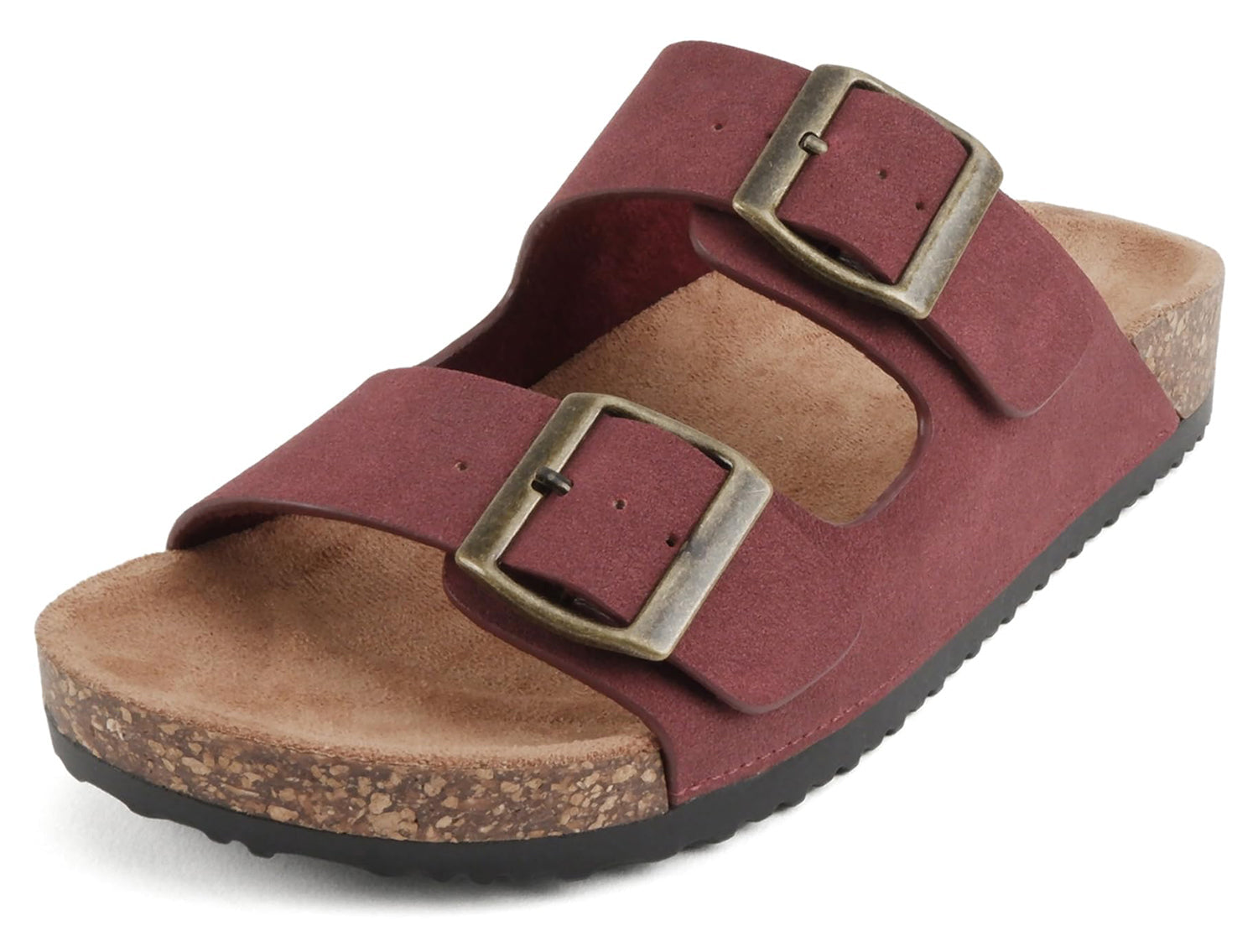 Soda JETE-S Burgundy Women Slide Sandals Double Buckle Adjustable Cork Footbed Lightweight Comfort Flats - Accent Foot Fashions