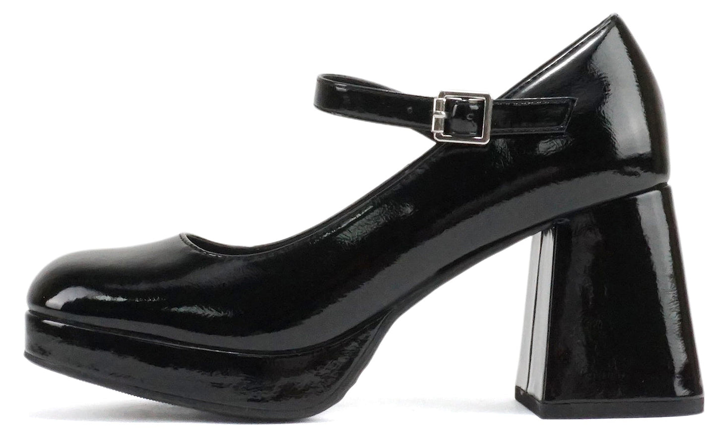 Soda NOSTA-S Black Patent Women Mary Jane Platform Pumps Square Toe Chunky Heel Adjustable Ankle Strap Dress Shoes-0