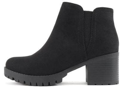 Soda THUMB-S Black Women Ankle Boots Chunky Lug Sole Side Zipper Block Heel Faux Leather Short Booties - Accent Foot Fashions
