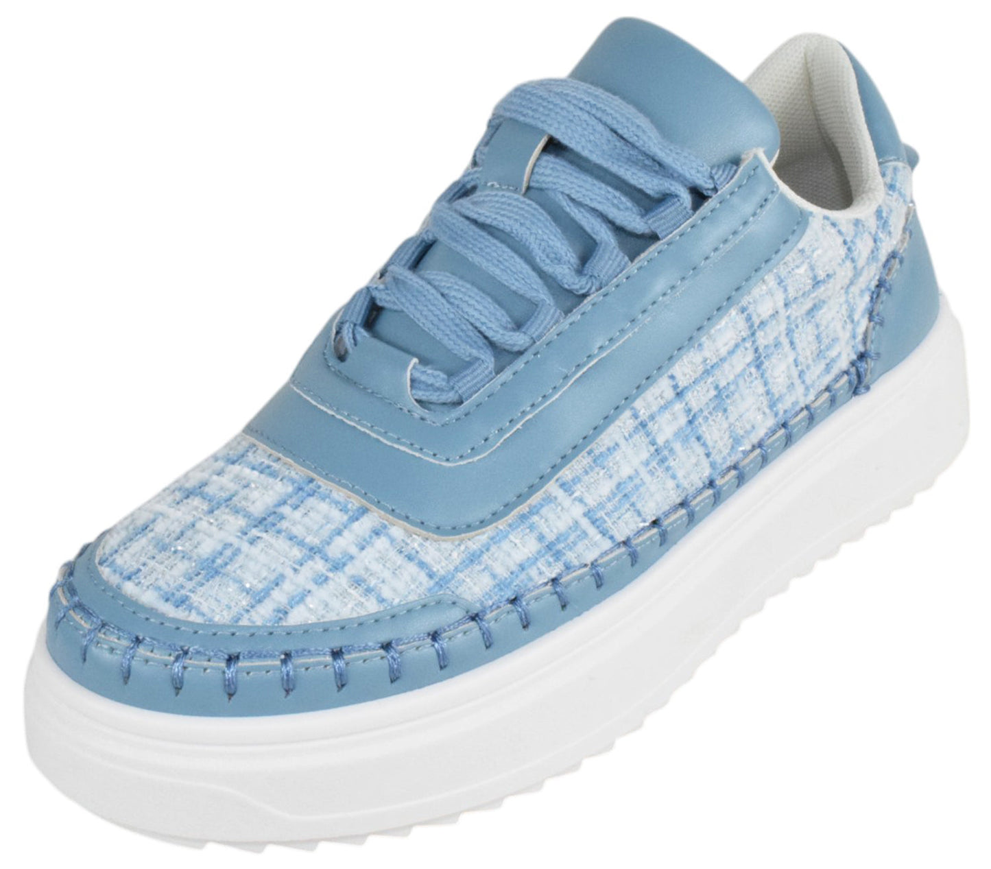 Blue plaid sneaker with a white sole on a white background